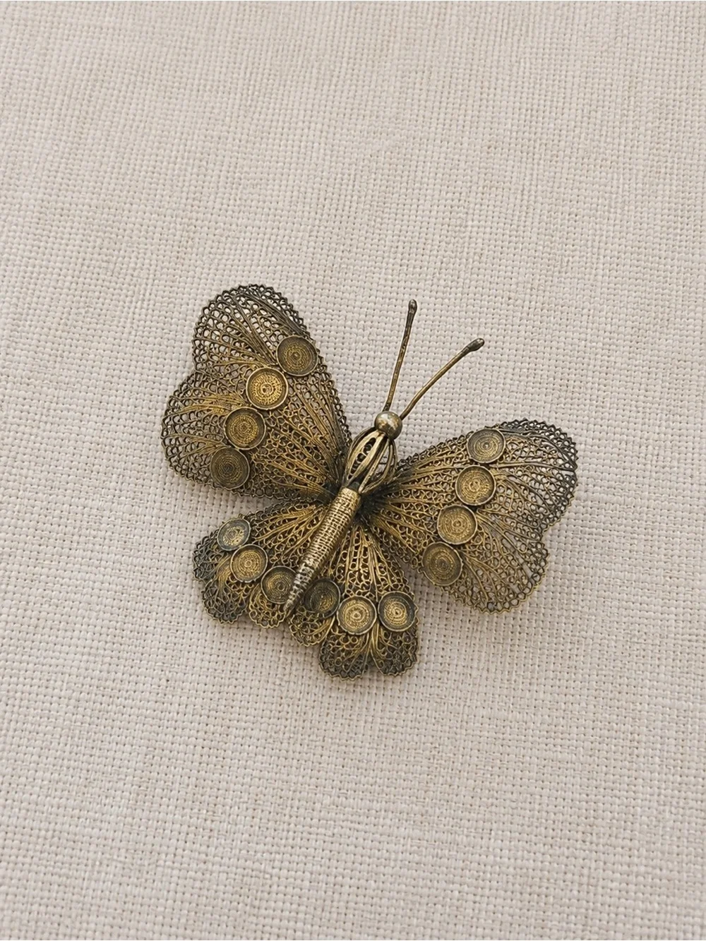🦋 Antique Gold Vermeil Filigree Butterfly Brooch